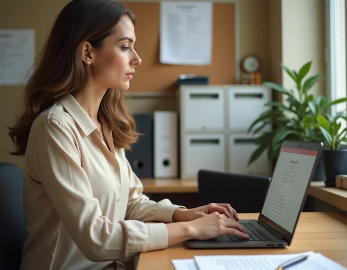 Femme administrative accédant à son webmail Versailles sur un ordinateur portable dans un bureau scolaire