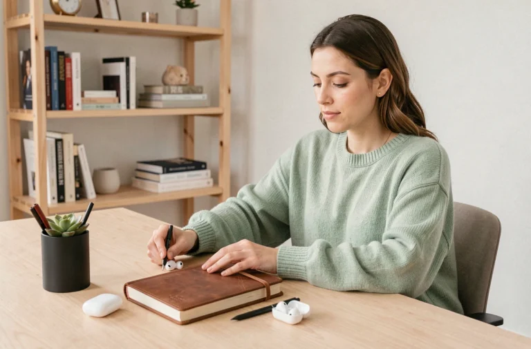 Femme à son bureau home office entourée d'accessoires du quotidien élégants comme un carnet en cuir, un porte-stylo noir mat et des écouteurs sans fil