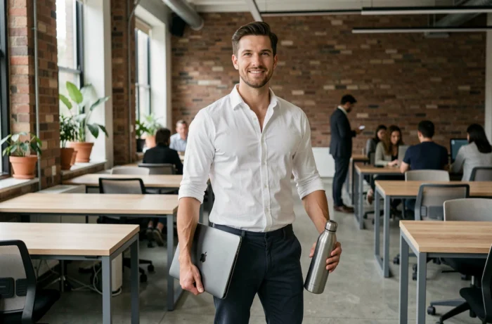 Homme debout dans un espace de coworking moderne tenant un sac laptop et une gourde en acier inoxydable, accessoires essentiels du quotidien professionnel