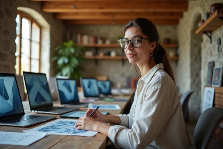 Artiste numérique bretonne travaillant sur des créations contemporaines dans un atelier en pierre avec tablettes graphiques et ordinateurs portables