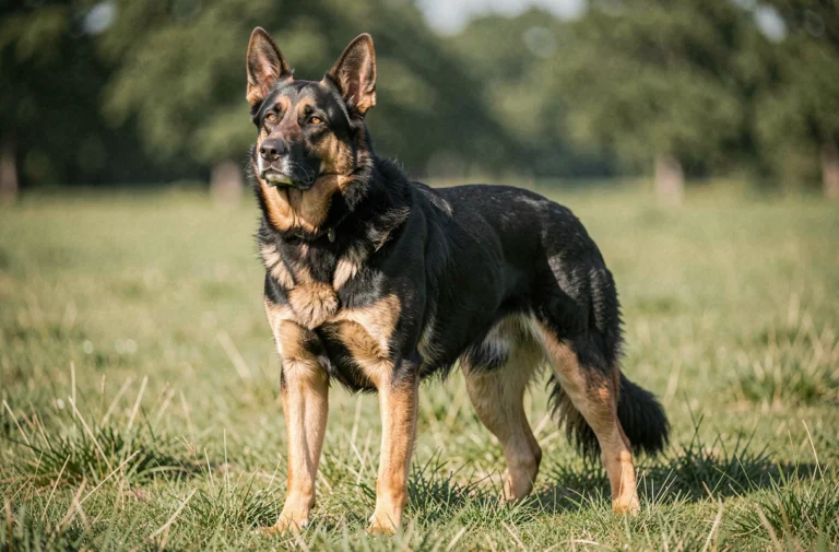 Berger allemand croisé beauceron debout dans un champ, montrant sa morphologie puissante et son pelage noir et feu