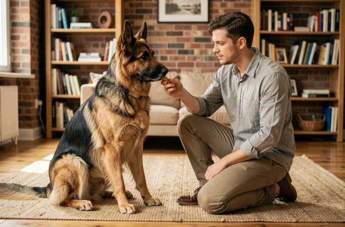 Homme en train de dresser un berger allemand croisé beauceron à l'intérieur d'une maison, illustrant l'éducation et l'obéissance du chien
