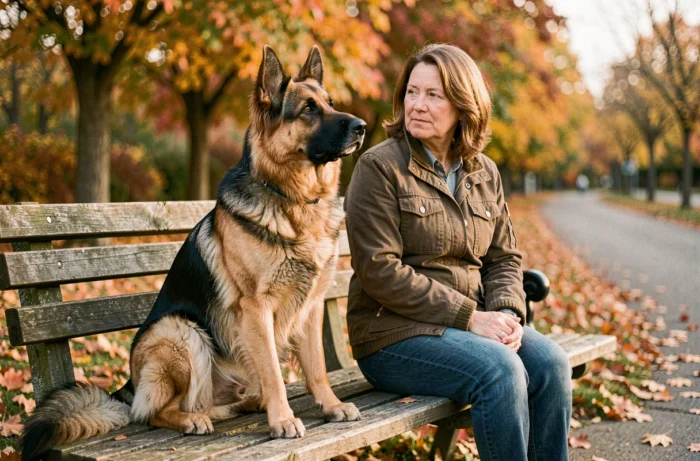 Femme avec son berger allemand croisé beauceron assis sur un banc en automne, illustrant le lien entre le chien et son maître