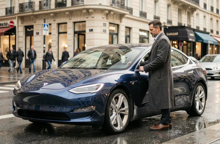 Homme en manteau élégant debout à côté d'une berline électrique moderne garée sur une rue parisienne mouillée en 2024