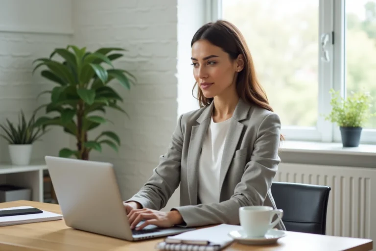 Blogueuse entrepreneuse travaillant sur son ordinateur portable dans un bureau à domicile moderne et organisé