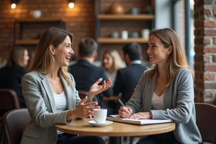 Deux blogueuses entrepreneuses échangeant des conseils et stratégies autour d'un café dans un espace créatif