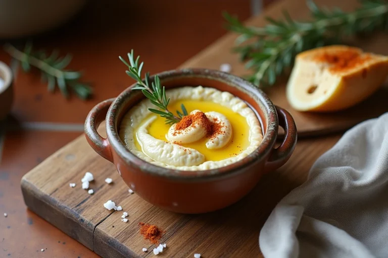 Bol en céramique rustique de brandade de morue façon gastronomique avec huile d'olive et thym frais sur planche en chêne