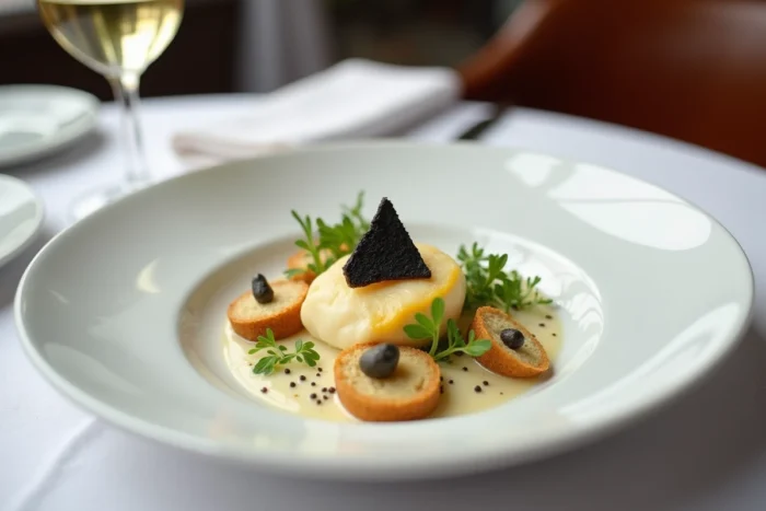 Assiette gastronomique de brandade de morue dressée en quenelle avec truffe noire et crostinis dans un restaurant français
