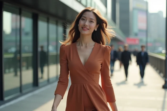 Femme élégante de la télé-réalité marchant en ville, style éditorial illustrant une célébrité contemporaine