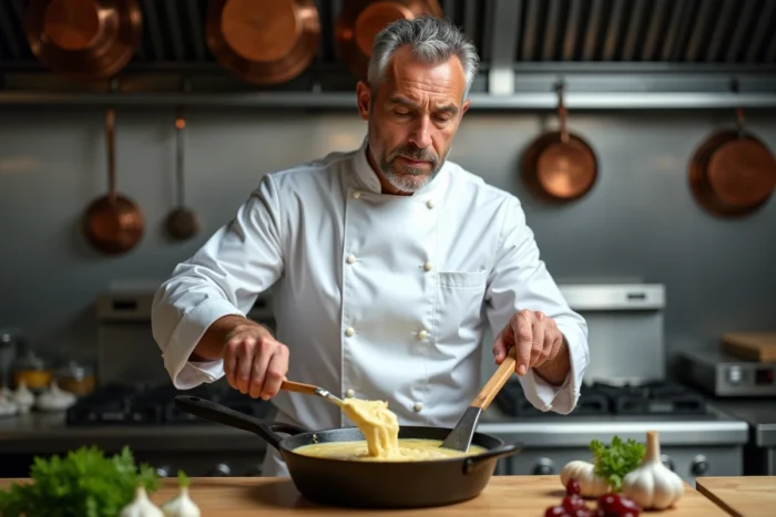 Chef cuisinier préparant une brandade de morue traditionnelle dans une cuisine professionnelle avec poêle en fonte