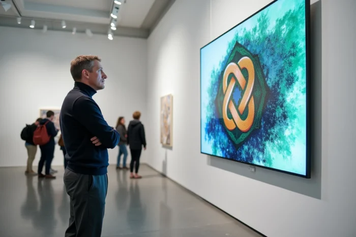 Commissaire d'exposition devant une œuvre d'art numérique contemporaine inspirée des motifs bretons dans une galerie moderne