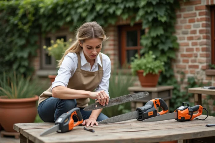 Femme comparant plusieurs modèles d'élagueuses sur un établi de jardin en pierre