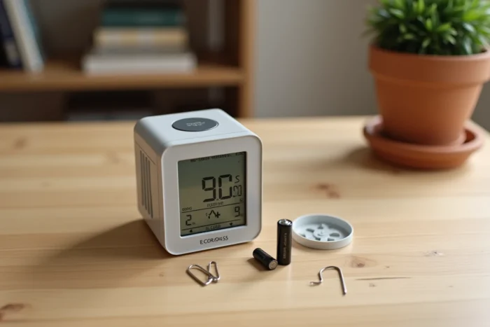 Station météo La Crosse Technology ouverte avec batteries et outil de réinitialisation sur une table en bois