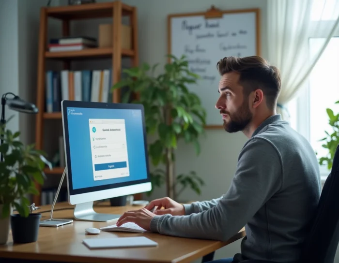 Homme consultant un guide papier pour se connecter à son webmail académique Versailles depuis son domicile