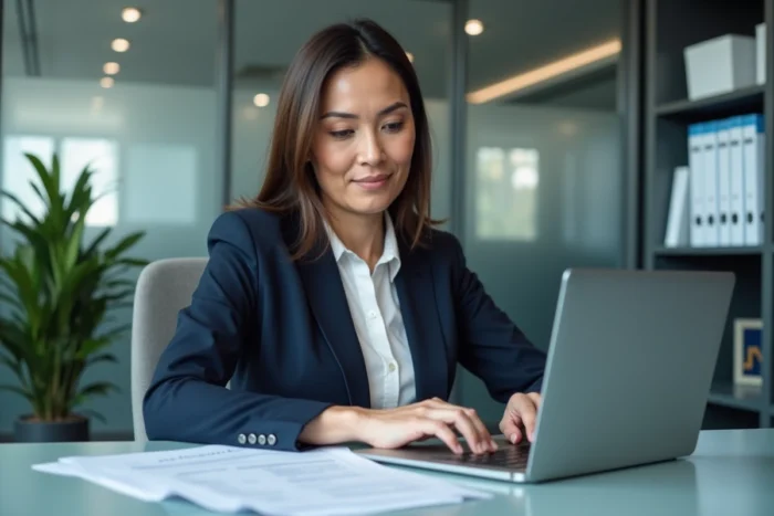 Comptable analysant des documents de déclaration de chiffre d'affaires pour un contrôle Urssaf dans un bureau administratif