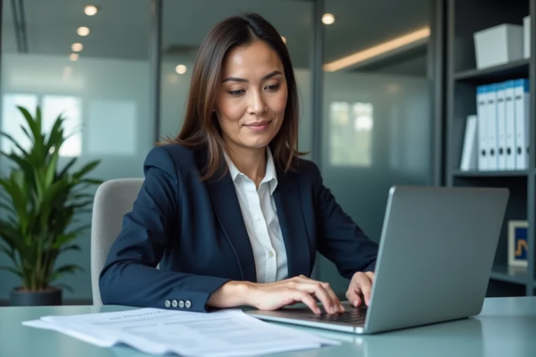 Comptable analysant des documents de déclaration de chiffre d'affaires pour un contrôle Urssaf dans un bureau administratif