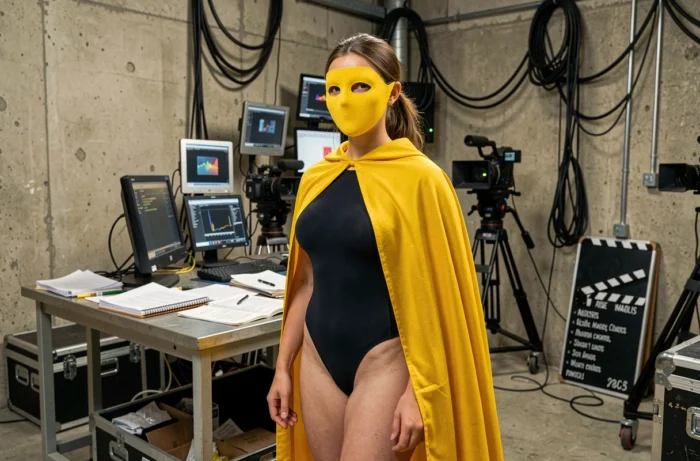 Actrice en costume de Fantômette dans les coulisses d'un tournage cinématographique, entourée d'équipements de production et de câbles de studio