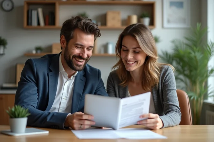 Couple souriant en train de revoir des papiers dans un intérieur lumineux