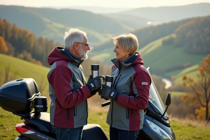 Couple de seniors en pause café lors d'une balade à moto sur une route panoramique de campagne française