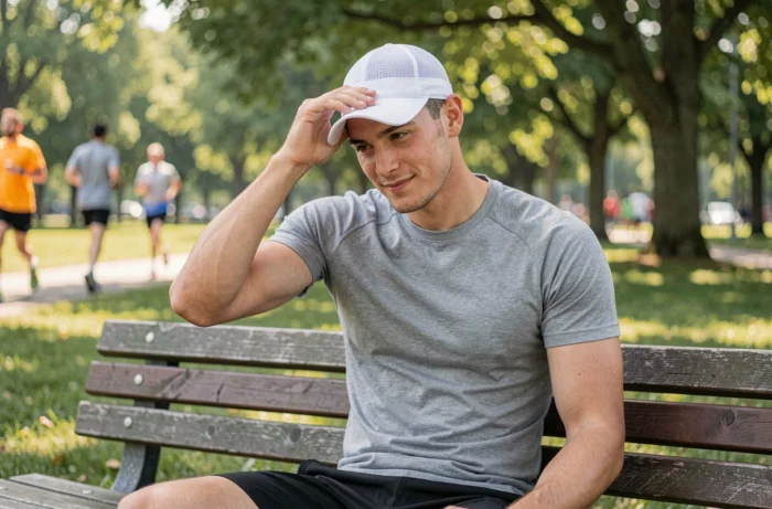 Coureur au repos dans un parc retirant sa casquette blanche après l'effort