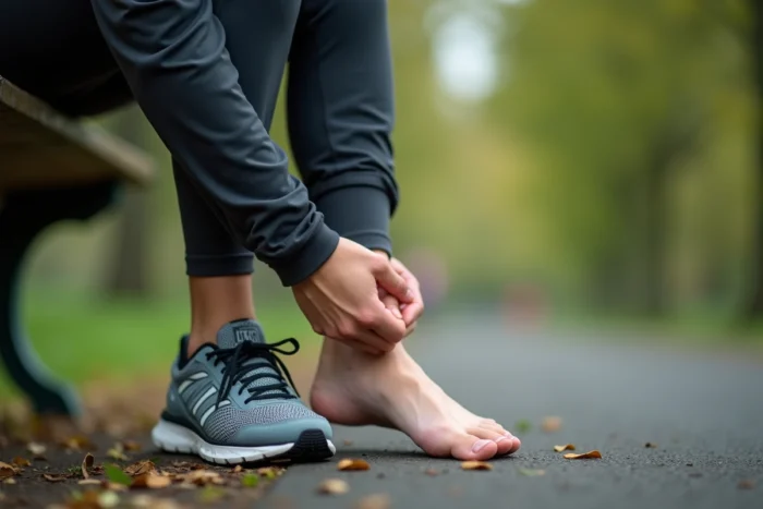 Coureuse appliquant une crème hydratante sur ses talons après un jogging en plein air