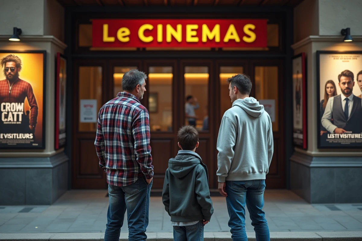 Deux pères et leur fils regardent une affiche de film devant un cinéma