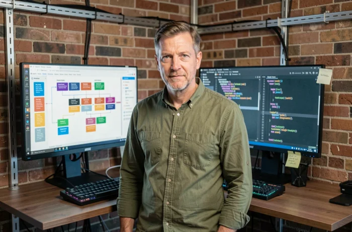Un développeur web analyse un diagramme de sitemap visuel sur deux écrans dans un atelier technologique