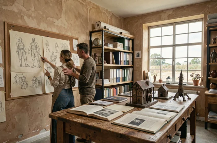 Techniciens de cinéma étudiant un storyboard dans le bureau de direction artistique d'une production de film Fantômette, entourés de maquettes et de croquis de décors