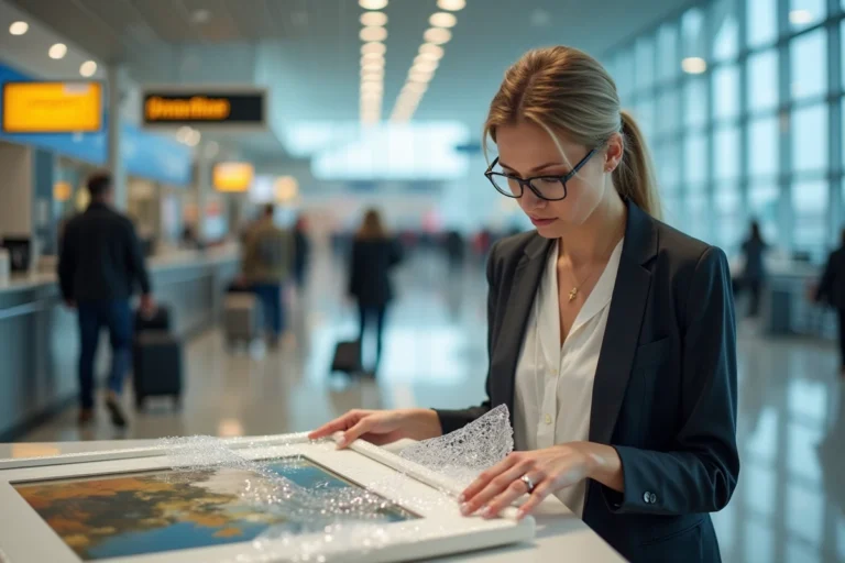 Femme emballant une peinture à l'aéroport avec soin