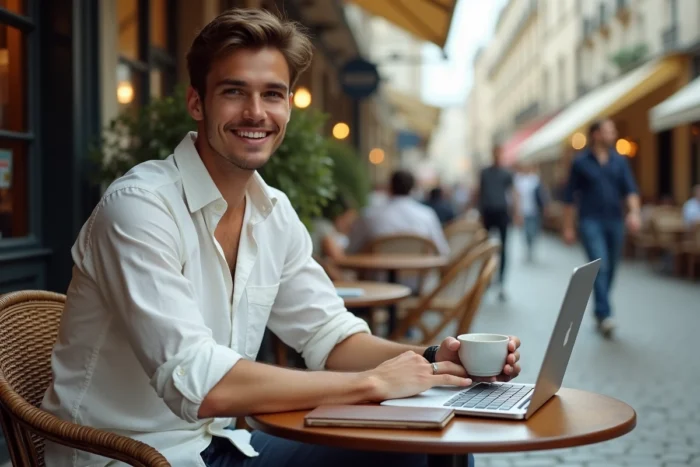 Jeune entrepreneur travaillant sur la refonte du site web de son entreprise dans un café en terrasse