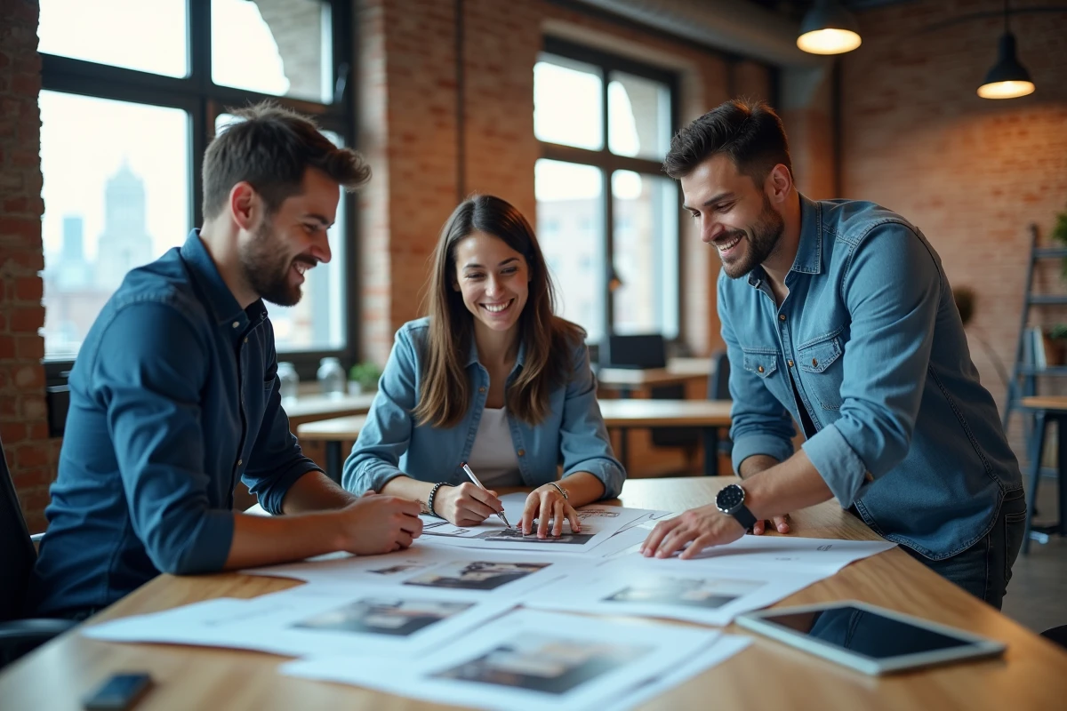 Groupe de trois membres d une agence digitale en réunion