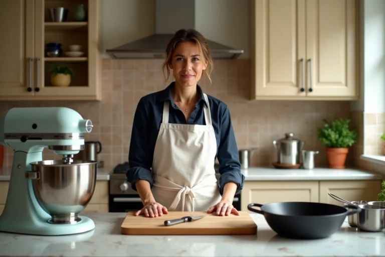 Cheffe cuisinière présentant les équipements essentiels de cuisine sur un plan de travail en marbre