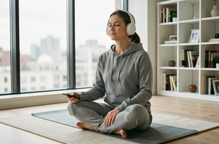 Femme écoutant une séance d'auto-hypnose guidée avec un casque audio chez elle sur un tapis de yoga, illustrant l'utilisation de l'hypnose à domicile pour perdre du poids