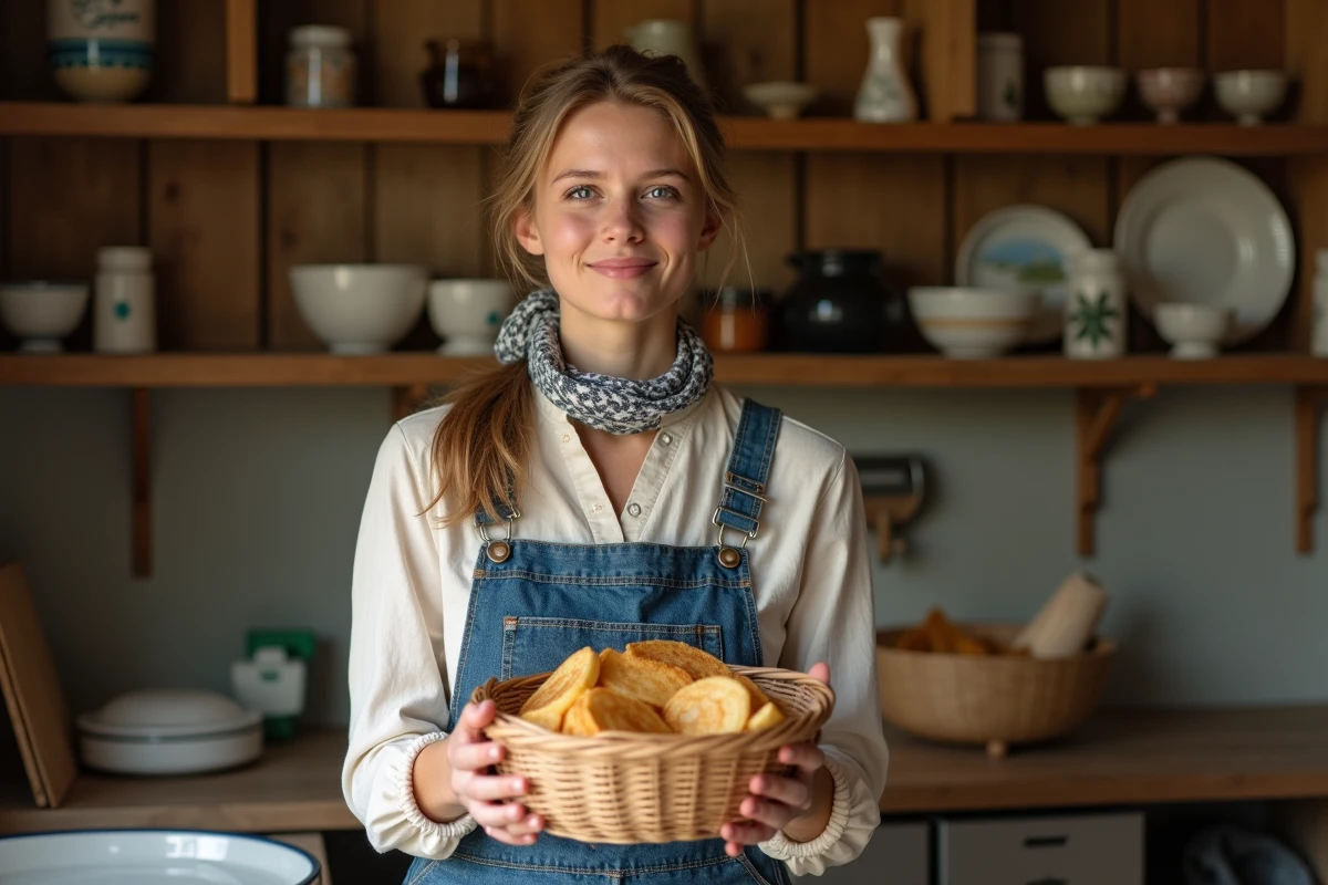 Jeune femme bretonne avec panier de crepes dans cuisine