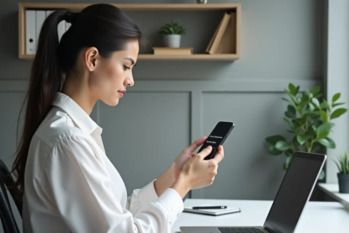 Femme au bureau consultant son téléphone avec un message d'erreur SMS Free, dans un espace de travail moderne à domicile