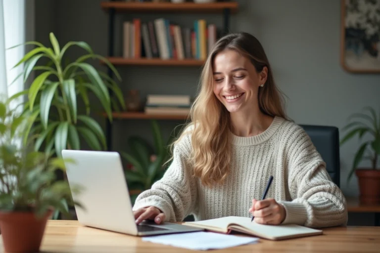 Femme souriante travaillant à son bureau lumineux