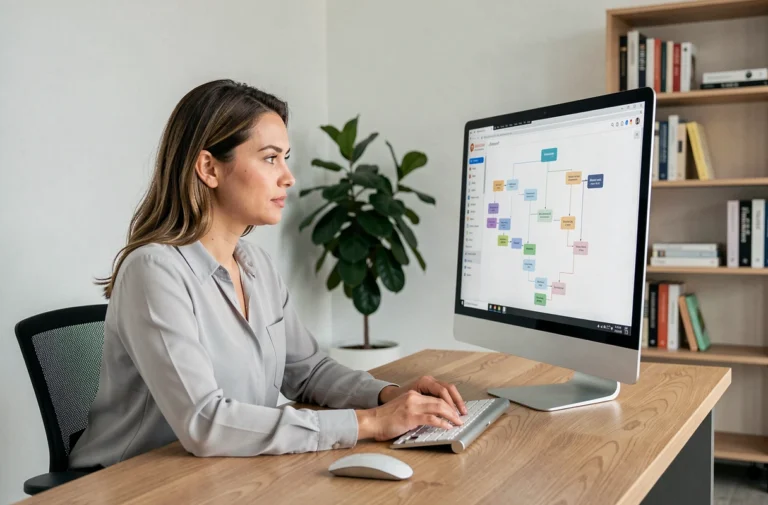 Une professionnelle consultant une page sitemap sur son ordinateur de bureau dans un bureau moderne et organisé