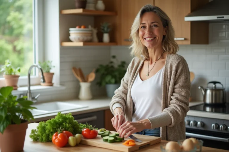 Femme en cuisine coupant des légumes frais pour un repas sain