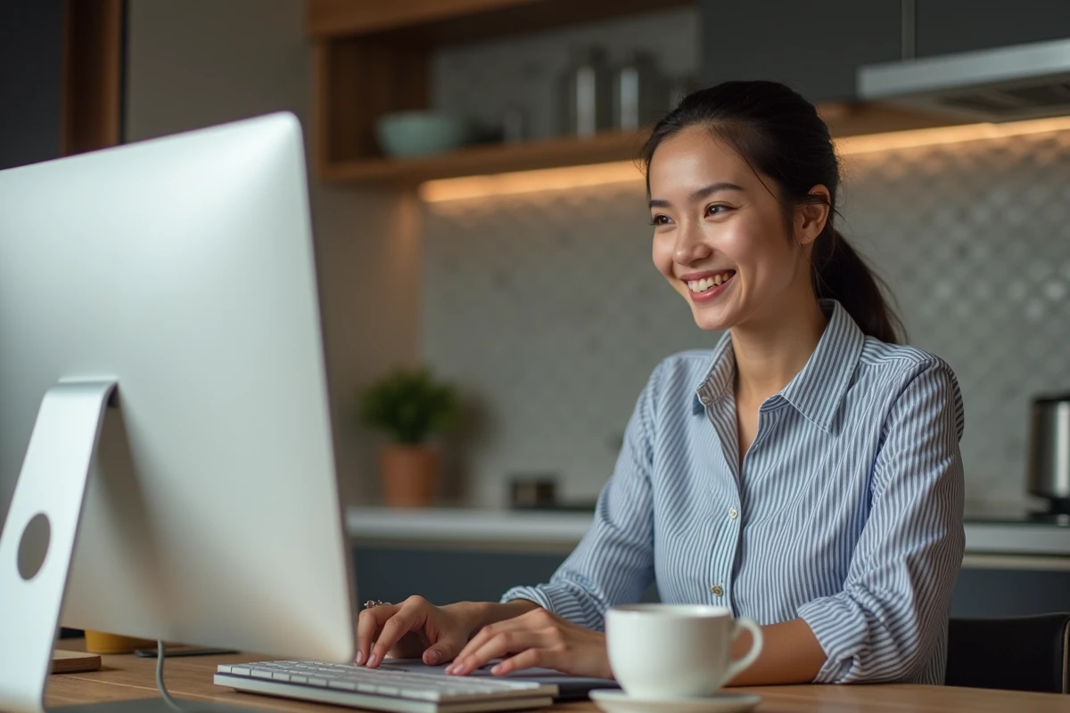Jeune femme souriante utilisant son ordinateur dans la cuisine