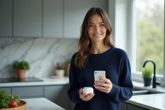 Femme consultant son téléphone pour réinitialiser le capteur de sa station météo La Crosse