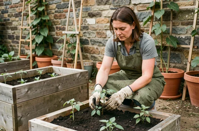 Femme jardinière repiquant des plants de tomates dans un potager maison avec des bacs en bois surélevés