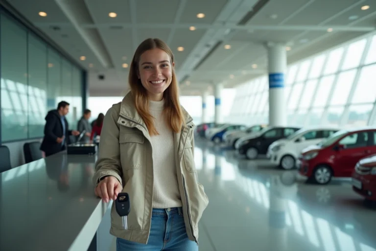 Jeune femme souriante récupérant ses clés à un comptoir de location de voiture dans un aéroport