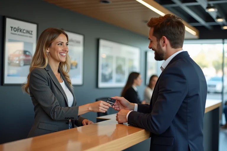 Femme souriante au comptoir de location de voiture