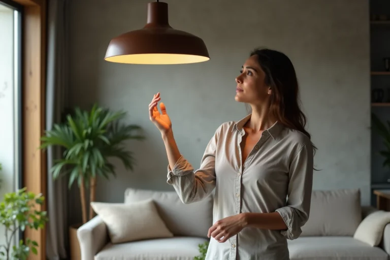Femme admirant un luminaire moderne dans un salon élégant