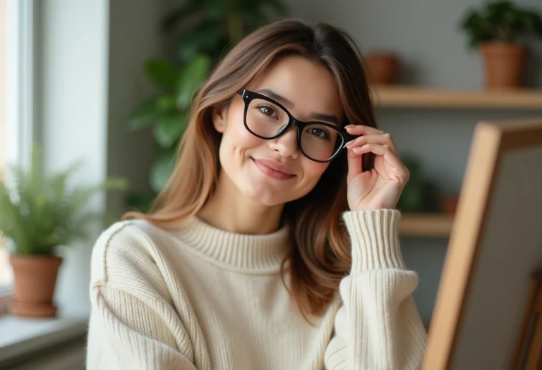 Femme élégante ajustant ses lunettes dans un miroir lumineux