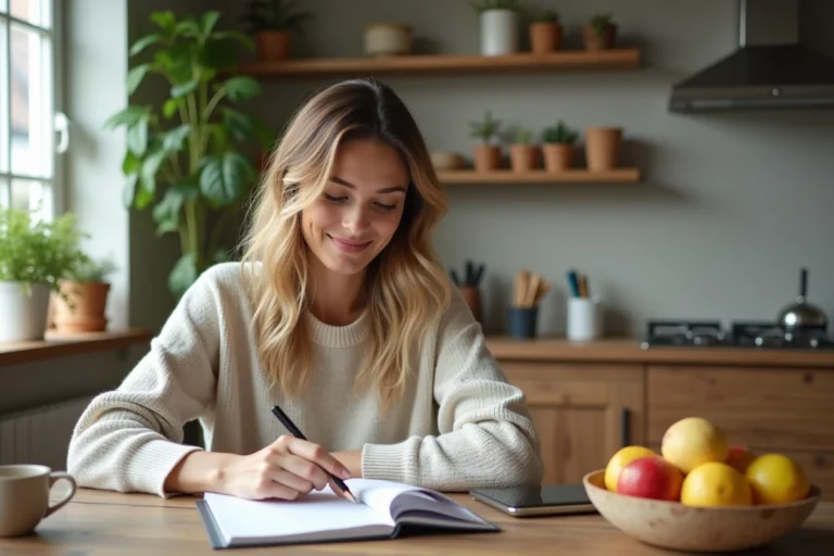 Femme organisée avec son planner dans une cuisine lumineuse