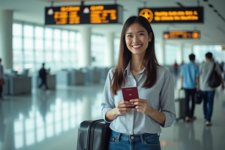 Femme souriante avec passeport à l'aéroport
