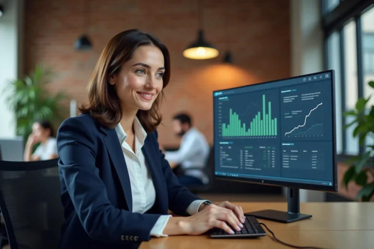 Femme professionnelle analysant les statistiques de visibilité en ligne sur un écran dans un bureau moderne