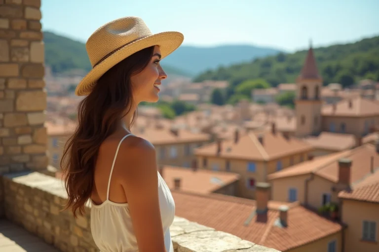 Jeune femme regardant les toits ensoleilles du sud de la France