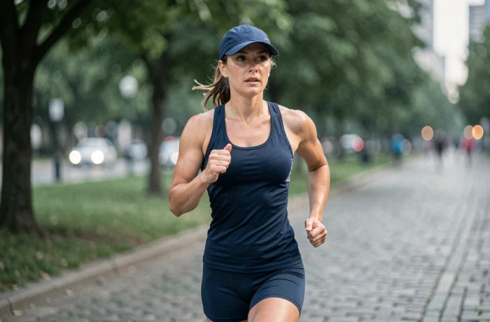 Femme qui court en ville avec une casquette de running bleue marine par une matinée ensoleillée